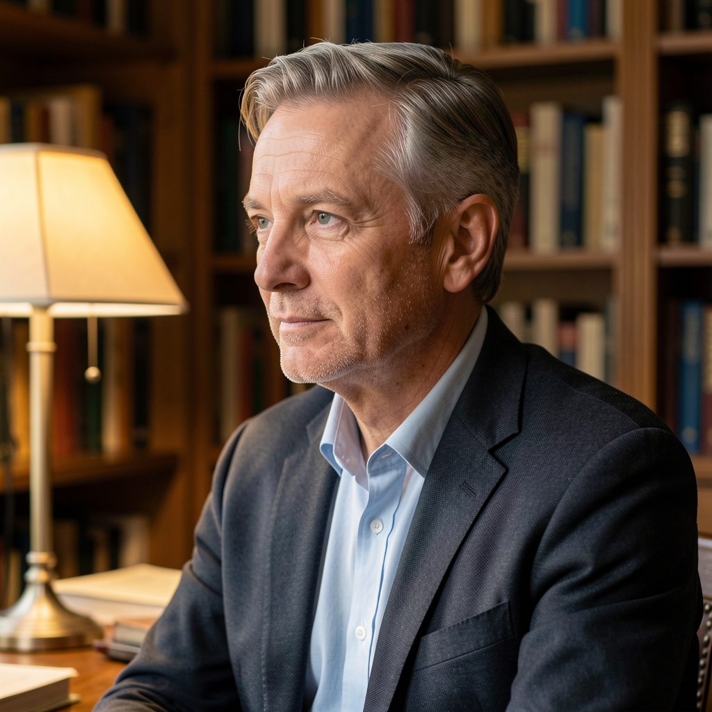 Portrait of a man in his early fifties, half-profile, seated near a reading lamp in a study lined with shelves, contemplative and calm