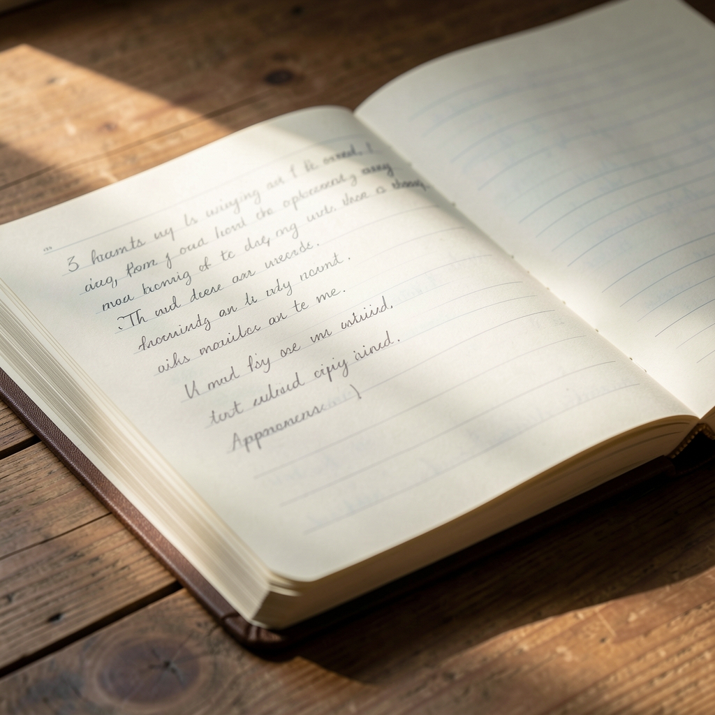 Close-up of a journal open on a wooden surface, handwritten notes visible, soft daylight falling across the page from the left