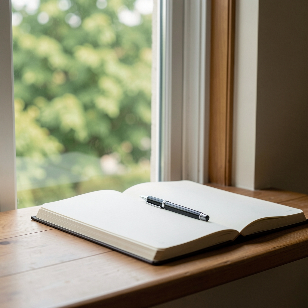 Notebook open next to a window with a view of soft green outside, a single pen resting on the page, quiet contemplative atmosphere