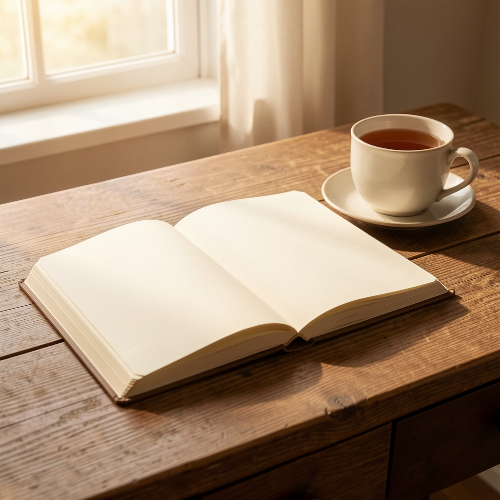 Open notebook resting on a wooden desk with soft morning window light, a cup of tea nearby, warm cream tones